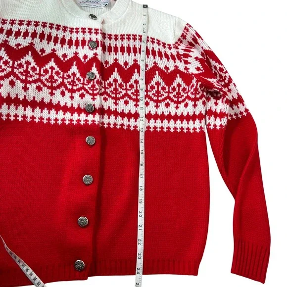 Vintage Christmas Red Jersild Cardigan Women Metal‎ Buttons 80s Sweater M - Picture 4 of 9